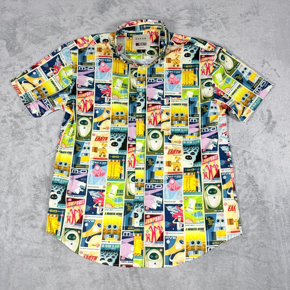 RSVLTS Mens XL Wall-E Pixar KUNUFLEX Short Sleeve Button Down Shirt Multicolor